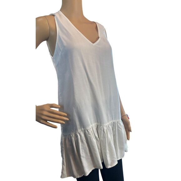 Renamed White Sleeveless V-Neck Tunic Top With Ruffle Hem & Sheer Back Panel - Picture 3 of 5